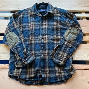 Vintage Pendleton Blue and Brown Plaid Wool Button-Down Shirt Tan Elbow Patches